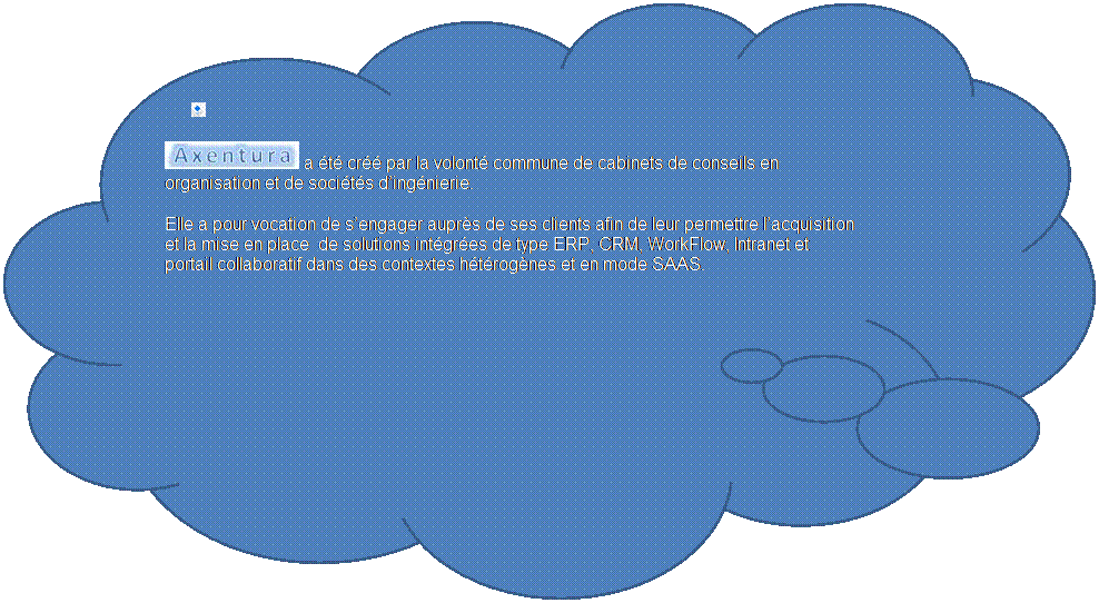 Cloud Callout:  
 a t cr par la volont commune de cabinets de conseils en organisation et de socits dingnierie.
Elle a pour vocation de sengager auprs de ses clients afin de leur permettre lacquisition et la mise en place  de solutions intgres de type ERP, CRM, WorkFlow, Intranet et portail collaboratif dans des contextes htrognes et en mode SAAS.
